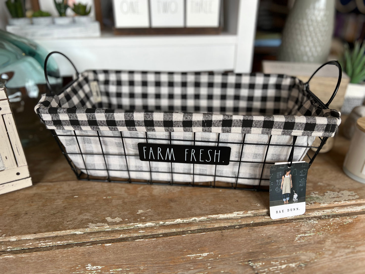 Rae Dunn "Farm Fresh" Metal Black Wire Baskets Lined with Grey Checks