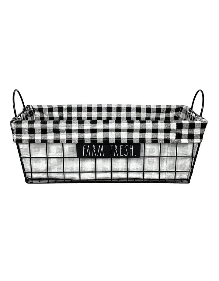 Rae Dunn "Farm Fresh" Metal Black Wire Baskets Lined with Grey Checks